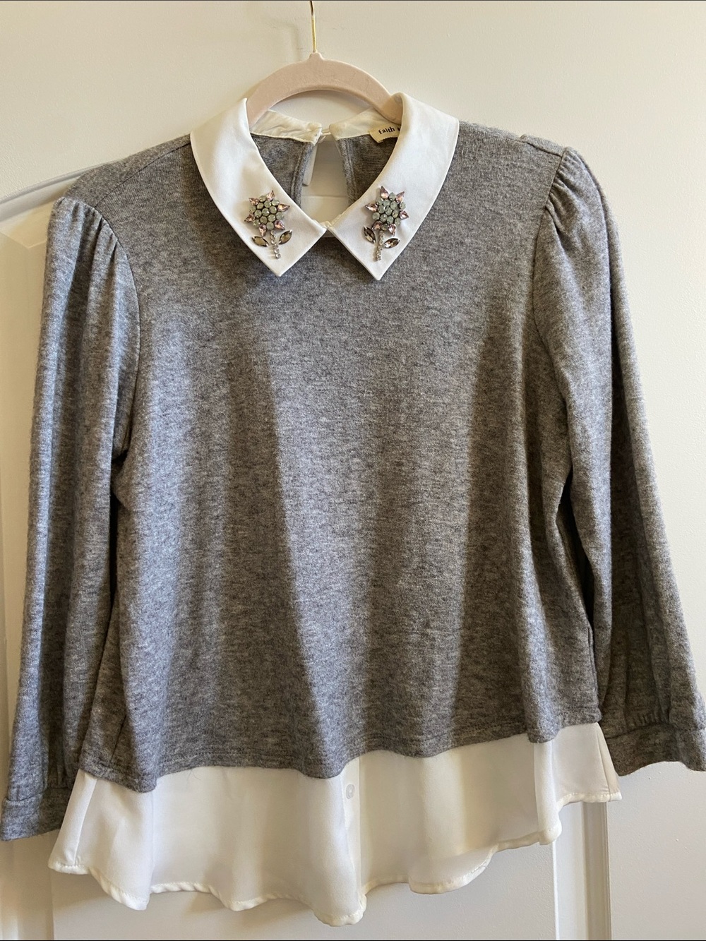 Grey Layered Knit Top with Embellished White Collar Size S